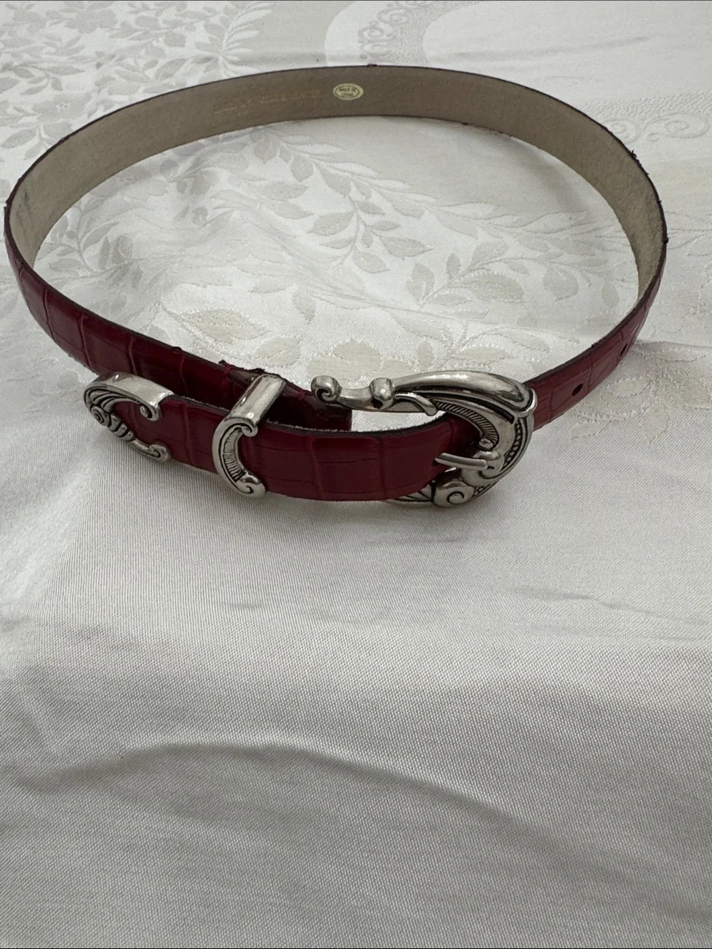 Women's Red Croc-Embossed leather Belt with Decorative Silver tone Buckle (mlb)